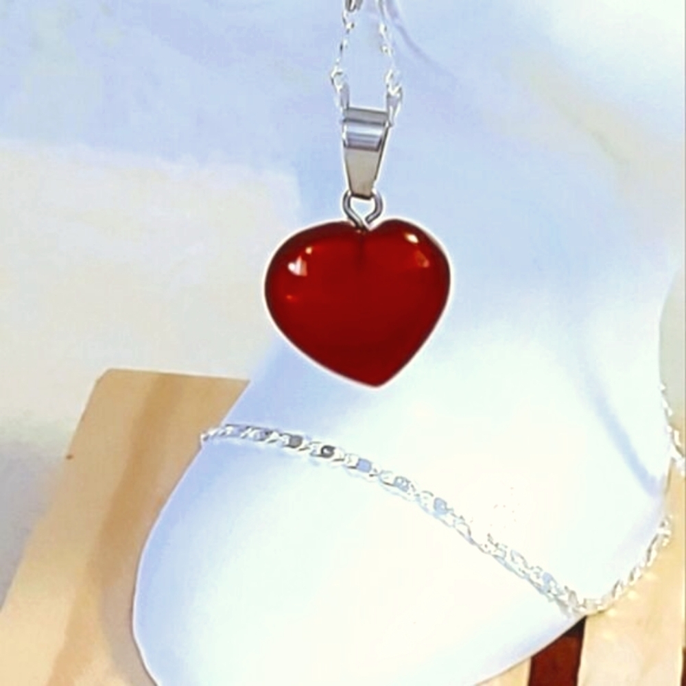 NATURAL CARNELIAN STONE HEART PENDANT SILVER PLATED CHAIN NECKLACE